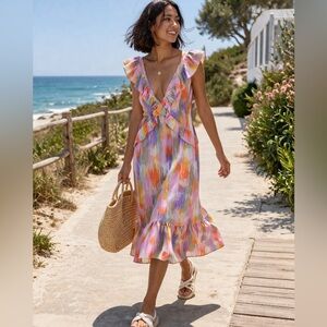 Collective Concepts Ruffle Midi Dress Multicolor Boho Flowy Size M Summer Chic